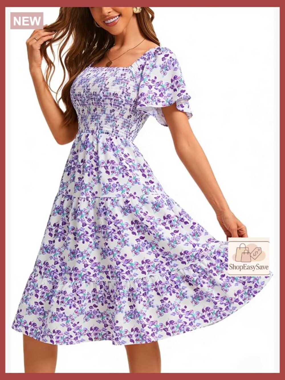 Floral Smocked Midi Dress Square Neck Off-Shoulder Boho Summer Casual